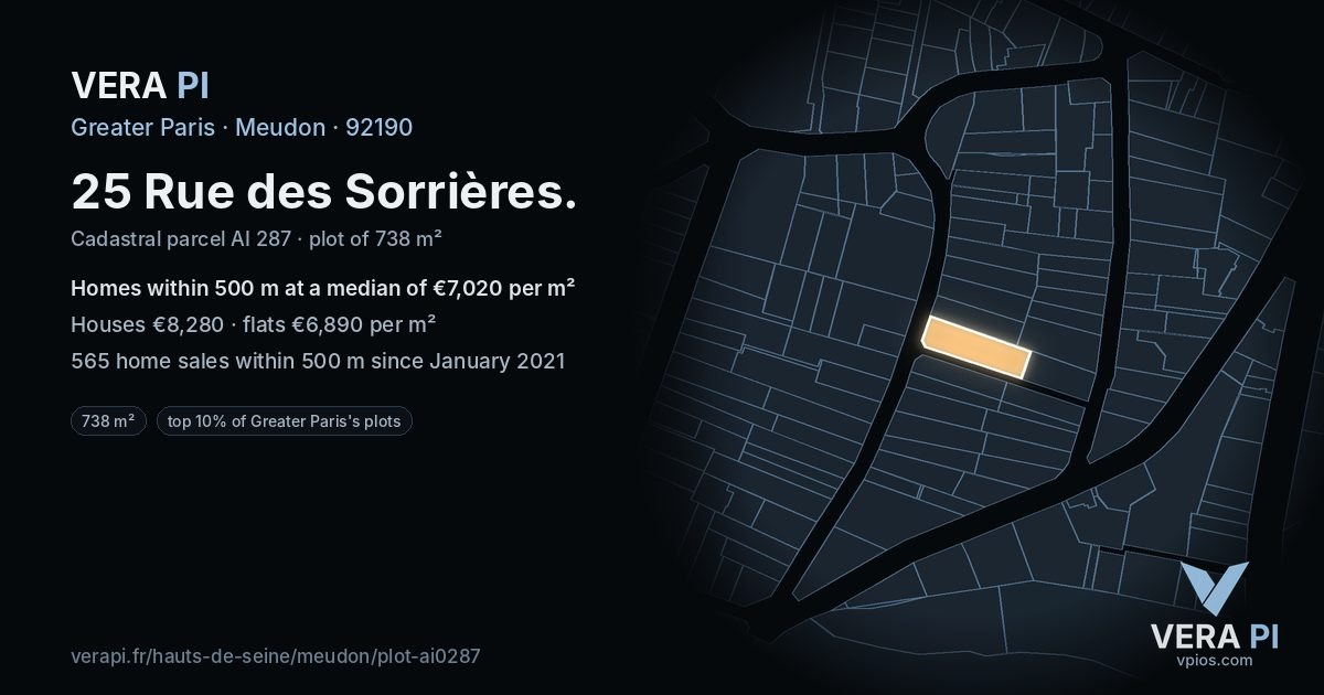 25 Rue des Sorrières, Meudon at night – the plot lit, the parcels around coloured by the prices near them