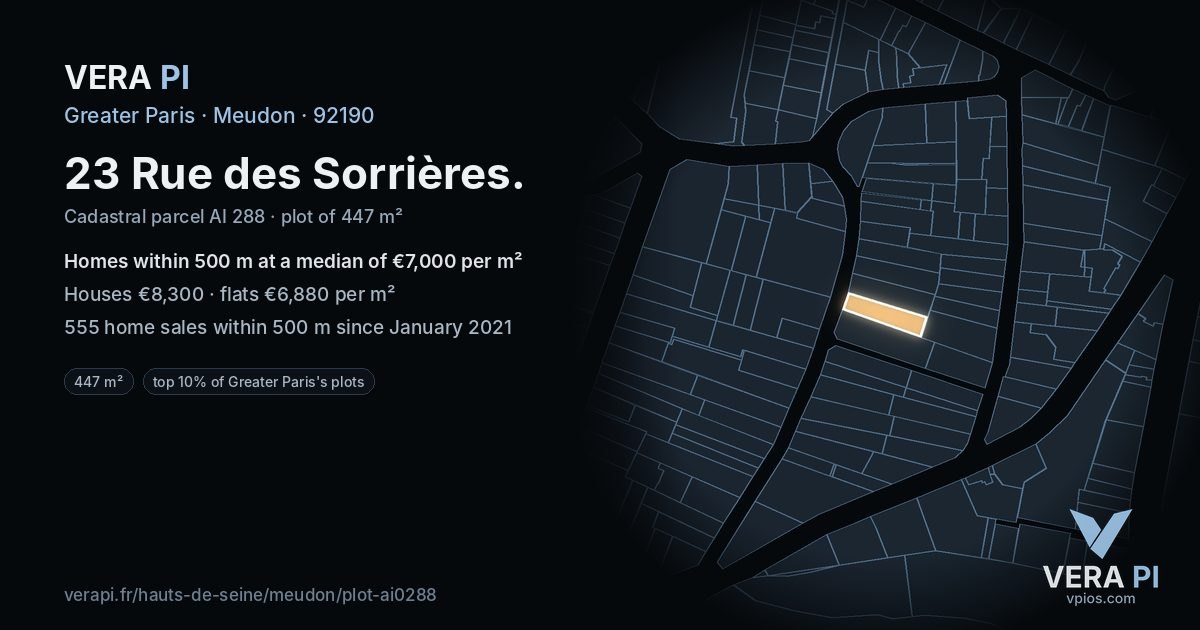 23 Rue des Sorrières, Meudon at night – the plot lit, the parcels around coloured by the prices near them