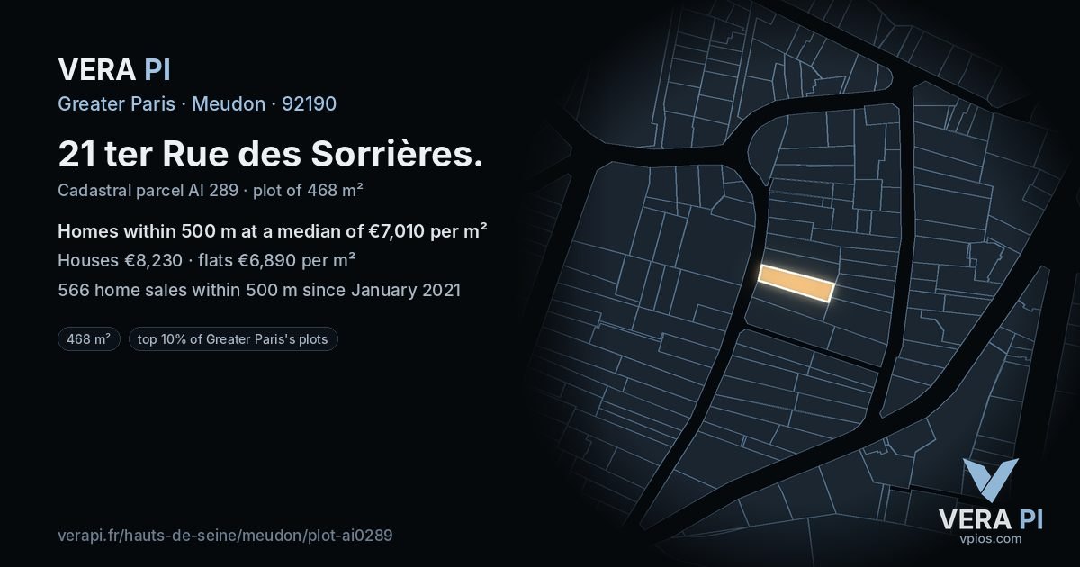 21 ter Rue des Sorrières, Meudon at night – the plot lit, the parcels around coloured by the prices near them