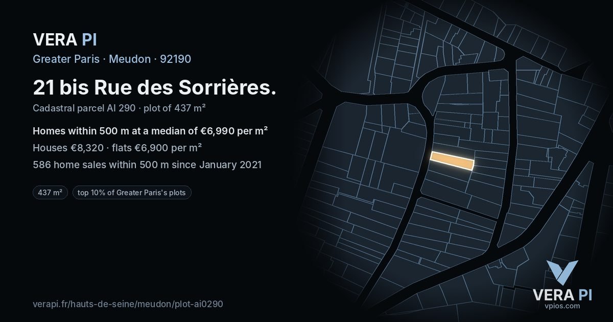 21 bis Rue des Sorrières, Meudon at night – the plot lit, the parcels around coloured by the prices near them