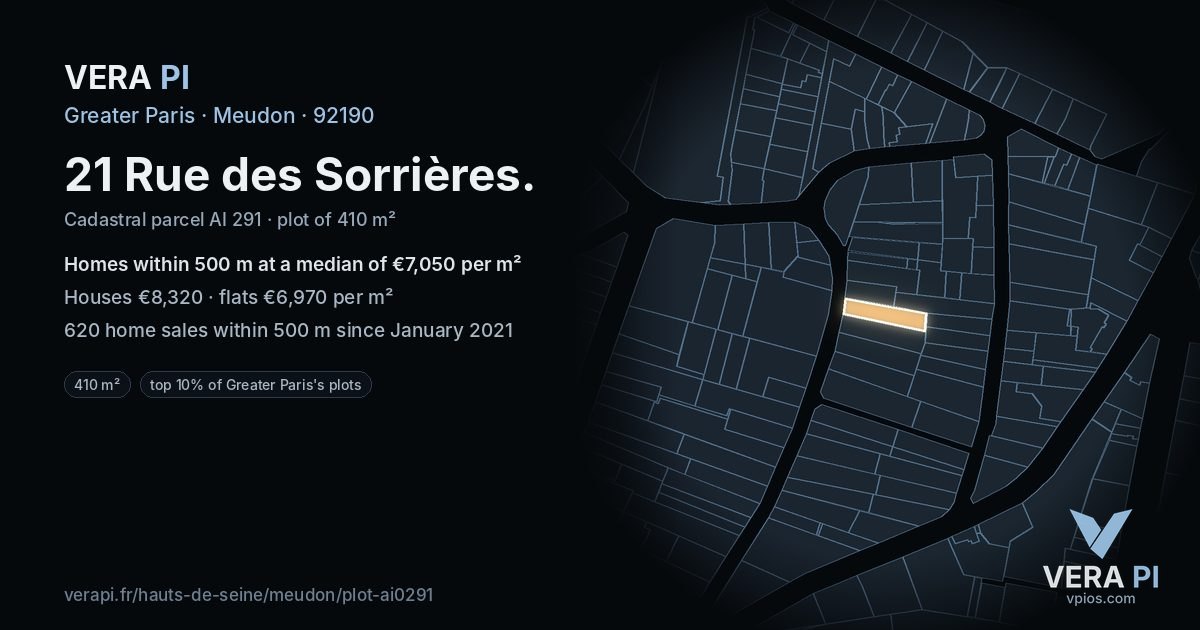 21 Rue des Sorrières, Meudon at night – the plot lit, the parcels around coloured by the prices near them