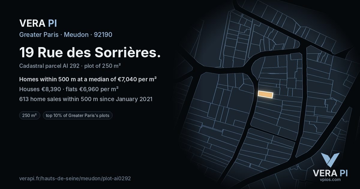 19 Rue des Sorrières, Meudon at night – the plot lit, the parcels around coloured by the prices near them