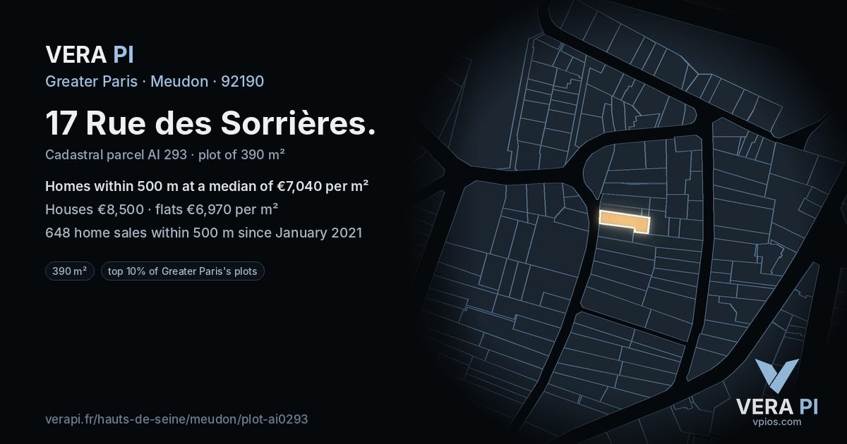 17 Rue des Sorrières, Meudon at night – the plot lit, the parcels around coloured by the prices near them