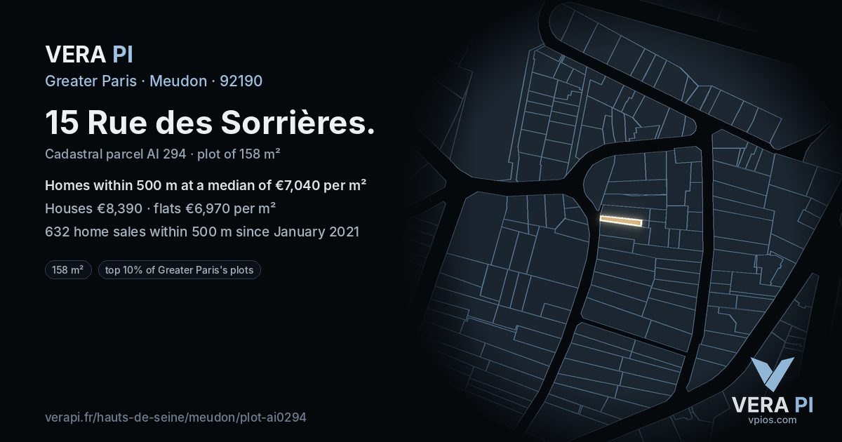 15 Rue des Sorrières, Meudon at night – the plot lit, the parcels around coloured by the prices near them