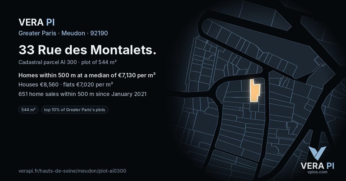 33 Rue des Montalets, Meudon at night – the plot lit, the parcels around coloured by the prices near them