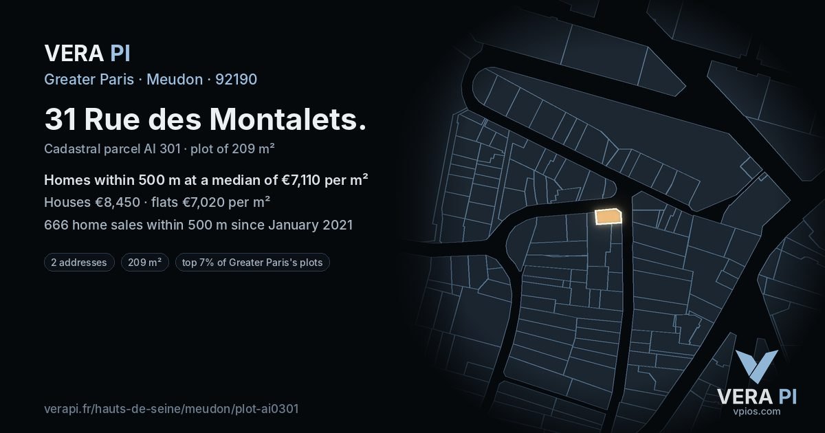 31 Rue des Montalets, Meudon at night – the plot lit, the parcels around coloured by the prices near them