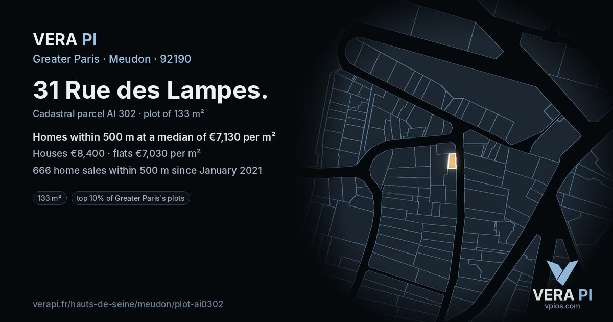 31 Rue des Lampes, Meudon at night – the plot lit, the parcels around coloured by the prices near them