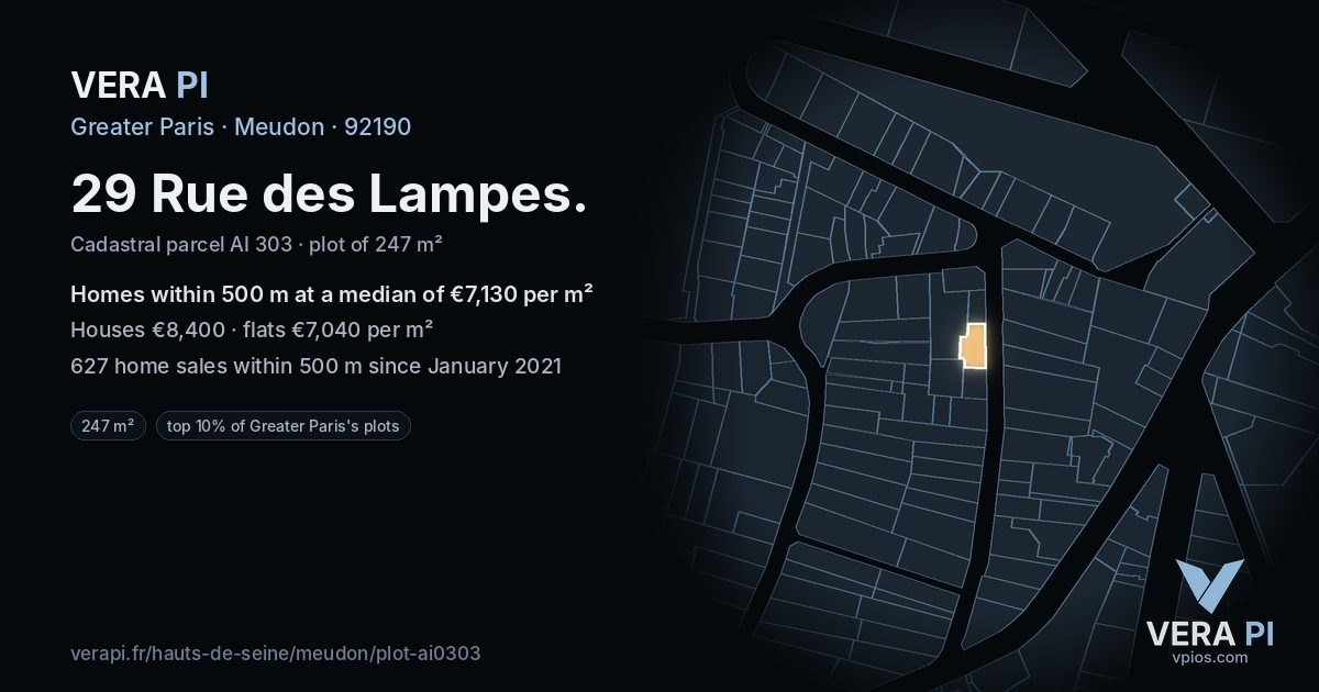 29 Rue des Lampes, Meudon at night – the plot lit, the parcels around coloured by the prices near them