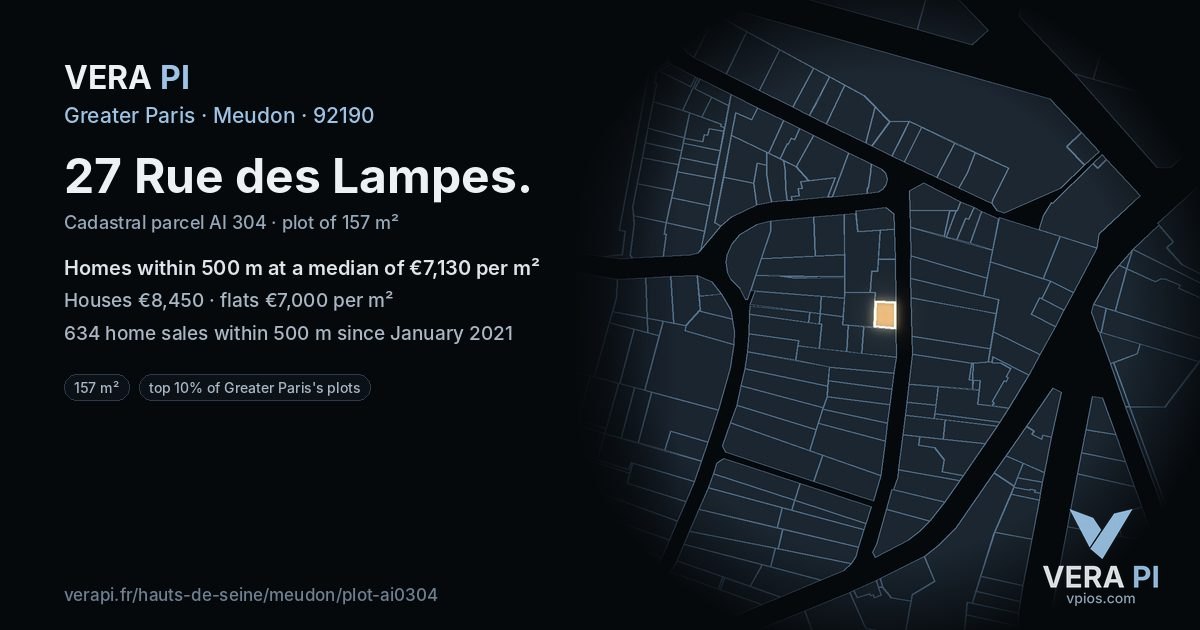 27 Rue des Lampes, Meudon at night – the plot lit, the parcels around coloured by the prices near them