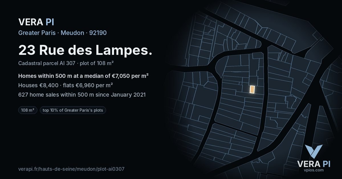 23 Rue des Lampes, Meudon at night – the plot lit, the parcels around coloured by the prices near them
