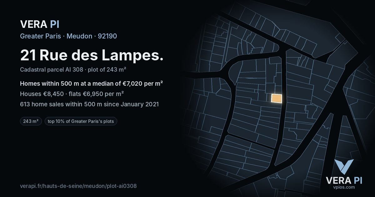 21 Rue des Lampes, Meudon at night – the plot lit, the parcels around coloured by the prices near them
