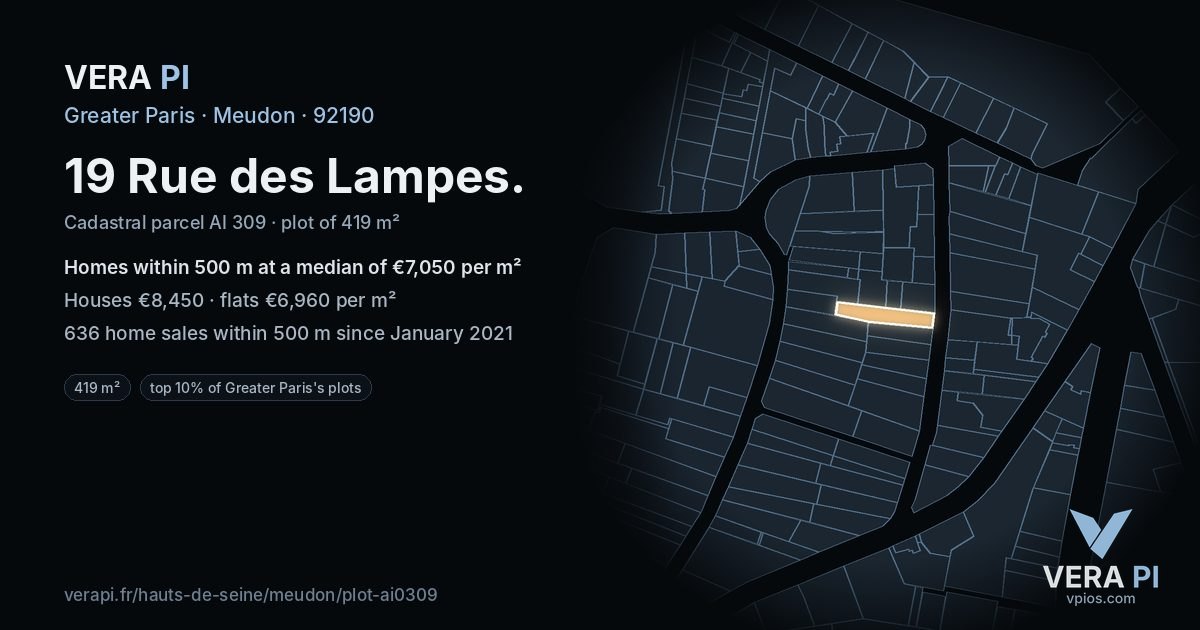 19 Rue des Lampes, Meudon at night – the plot lit, the parcels around coloured by the prices near them