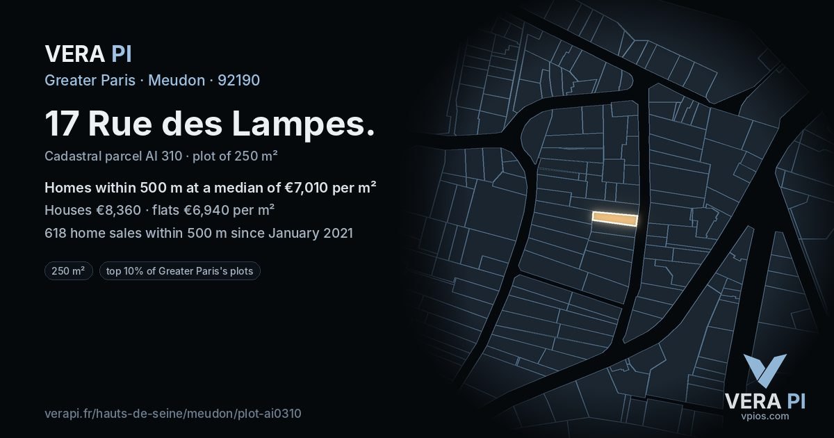 17 Rue des Lampes, Meudon at night – the plot lit, the parcels around coloured by the prices near them