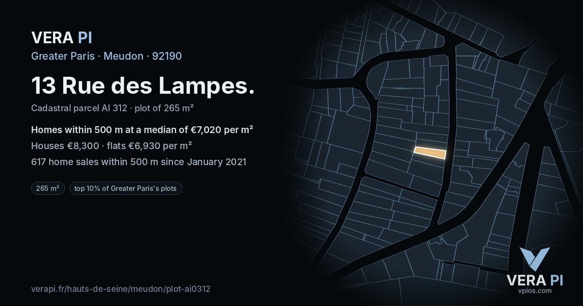 13 Rue des Lampes, Meudon at night – the plot lit, the parcels around coloured by the prices near them