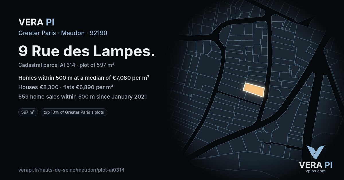 9 Rue des Lampes, Meudon at night – the plot lit, the parcels around coloured by the prices near them