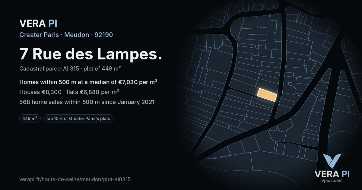 7 Rue des Lampes, Meudon at night – the plot lit, the parcels around coloured by the prices near them