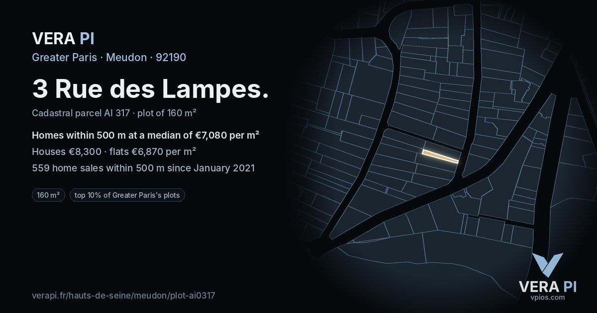 3 Rue des Lampes, Meudon at night – the plot lit, the parcels around coloured by the prices near them