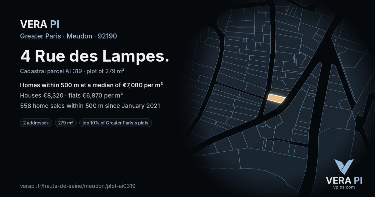 4 Rue des Lampes, Meudon at night – the plot lit, the parcels around coloured by the prices near them