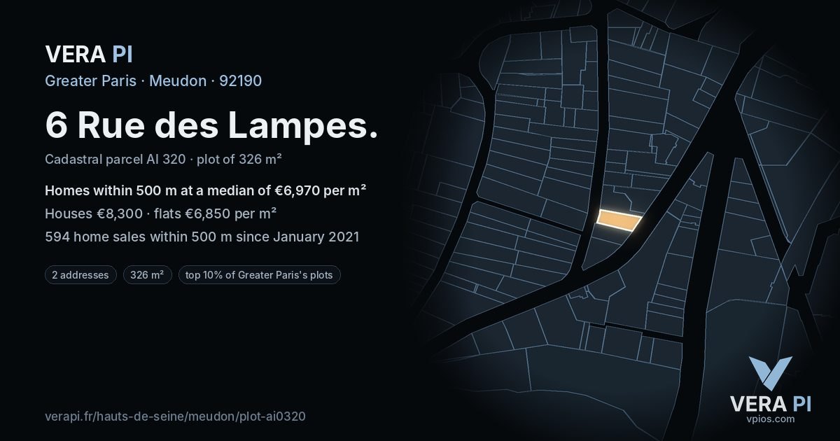6 Rue des Lampes, Meudon at night – the plot lit, the parcels around coloured by the prices near them