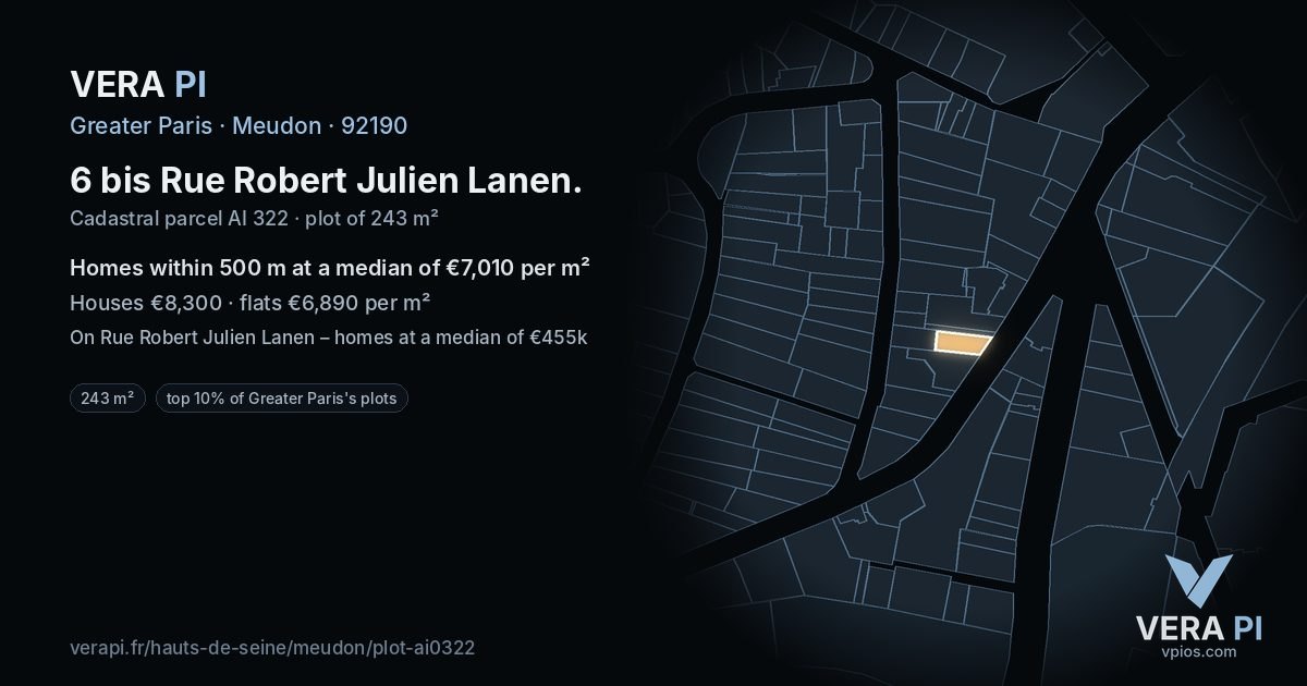 6 bis Rue Robert Julien Lanen, Meudon at night – the plot lit, the parcels around coloured by the prices near them