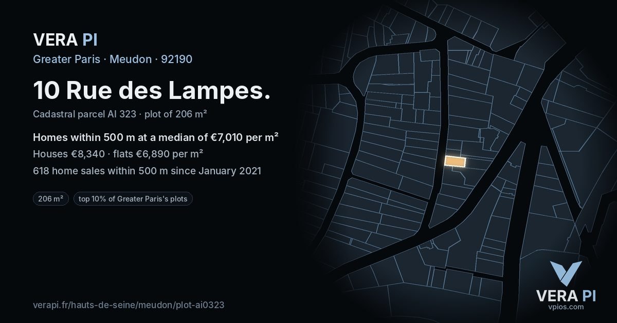 10 Rue des Lampes, Meudon at night – the plot lit, the parcels around coloured by the prices near them