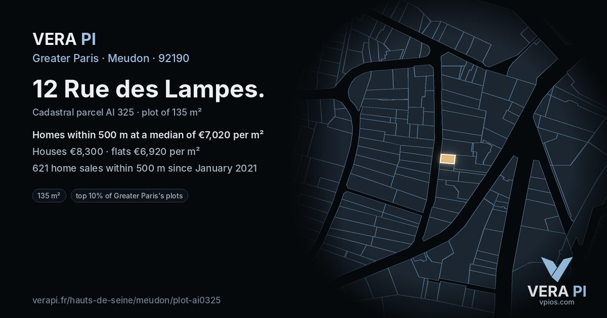 12 Rue des Lampes, Meudon at night – the plot lit, the parcels around coloured by the prices near them
