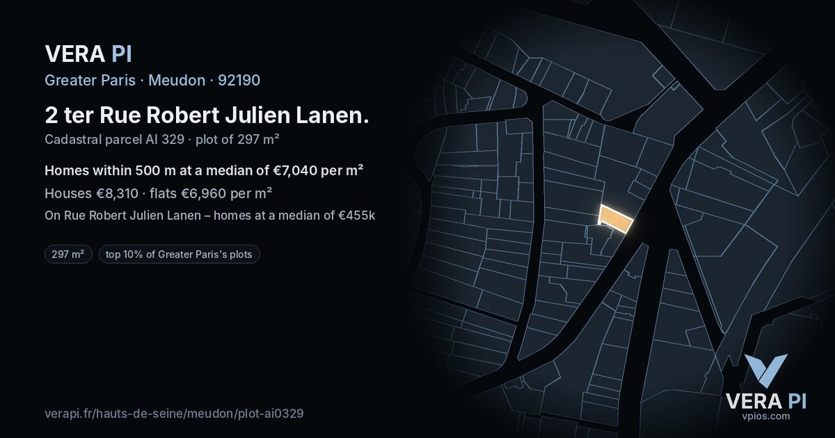 2 ter Rue Robert Julien Lanen, Meudon at night – the plot lit, the parcels around coloured by the prices near them
