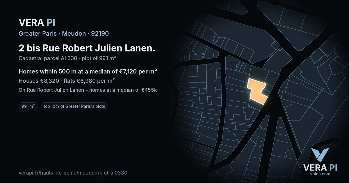 2 bis Rue Robert Julien Lanen, Meudon at night – the plot lit, the parcels around coloured by the prices near them