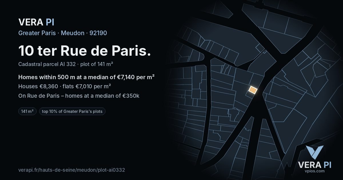10 ter Rue de Paris, Meudon at night – the plot lit, the parcels around coloured by the prices near them