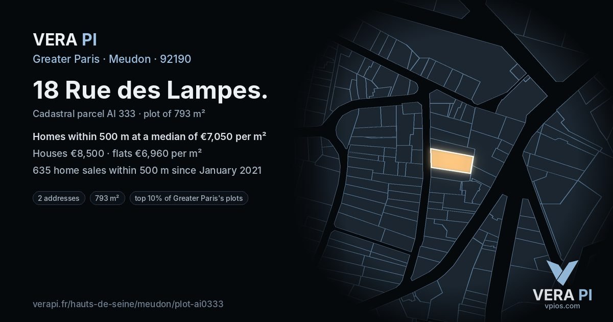 18 Rue des Lampes, Meudon at night – the plot lit, the parcels around coloured by the prices near them