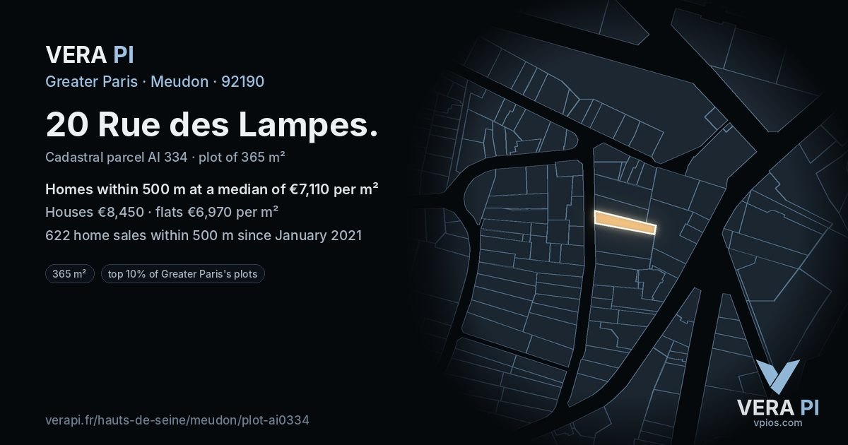 20 Rue des Lampes, Meudon at night – the plot lit, the parcels around coloured by the prices near them