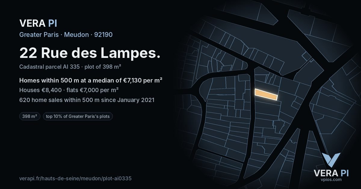22 Rue des Lampes, Meudon at night – the plot lit, the parcels around coloured by the prices near them