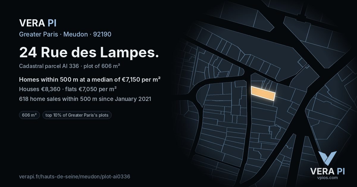 24 Rue des Lampes, Meudon at night – the plot lit, the parcels around coloured by the prices near them