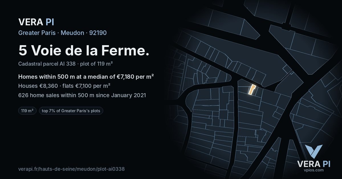 5 Voie de la Ferme, Meudon at night – the plot lit, the parcels around coloured by the prices near them