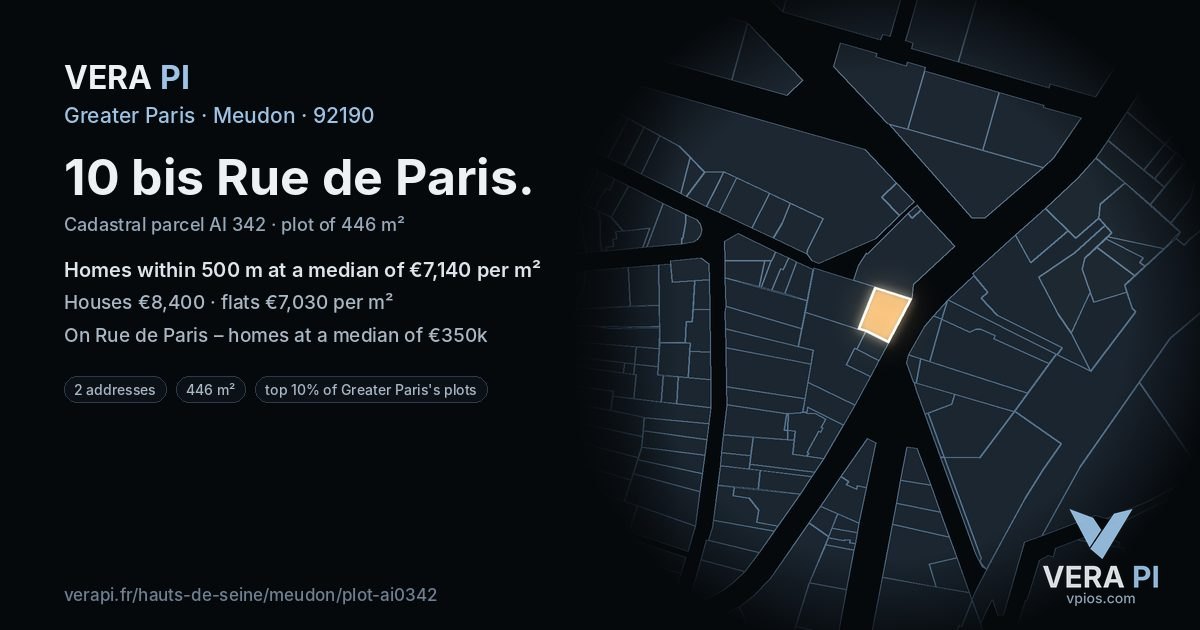 10 bis Rue de Paris, Meudon at night – the plot lit, the parcels around coloured by the prices near them