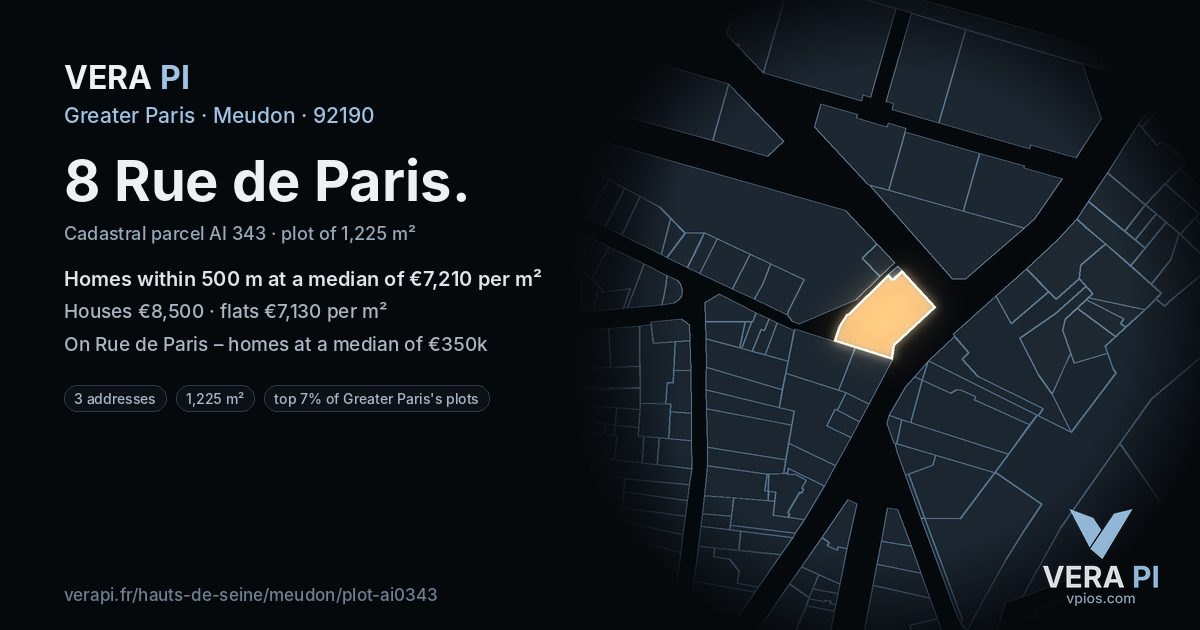 8 Rue de Paris, Meudon at night – the plot lit, the parcels around coloured by the prices near them