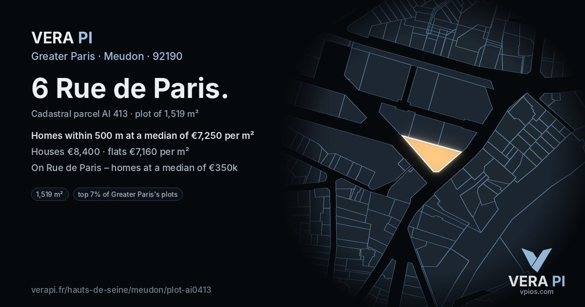 6 Rue de Paris, Meudon at night – the plot lit, the parcels around coloured by the prices near them