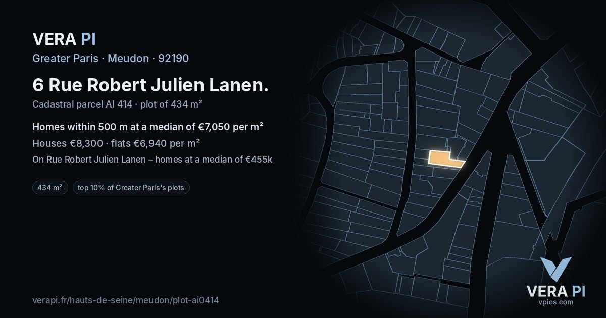 6 Rue Robert Julien Lanen, Meudon at night – the plot lit, the parcels around coloured by the prices near them