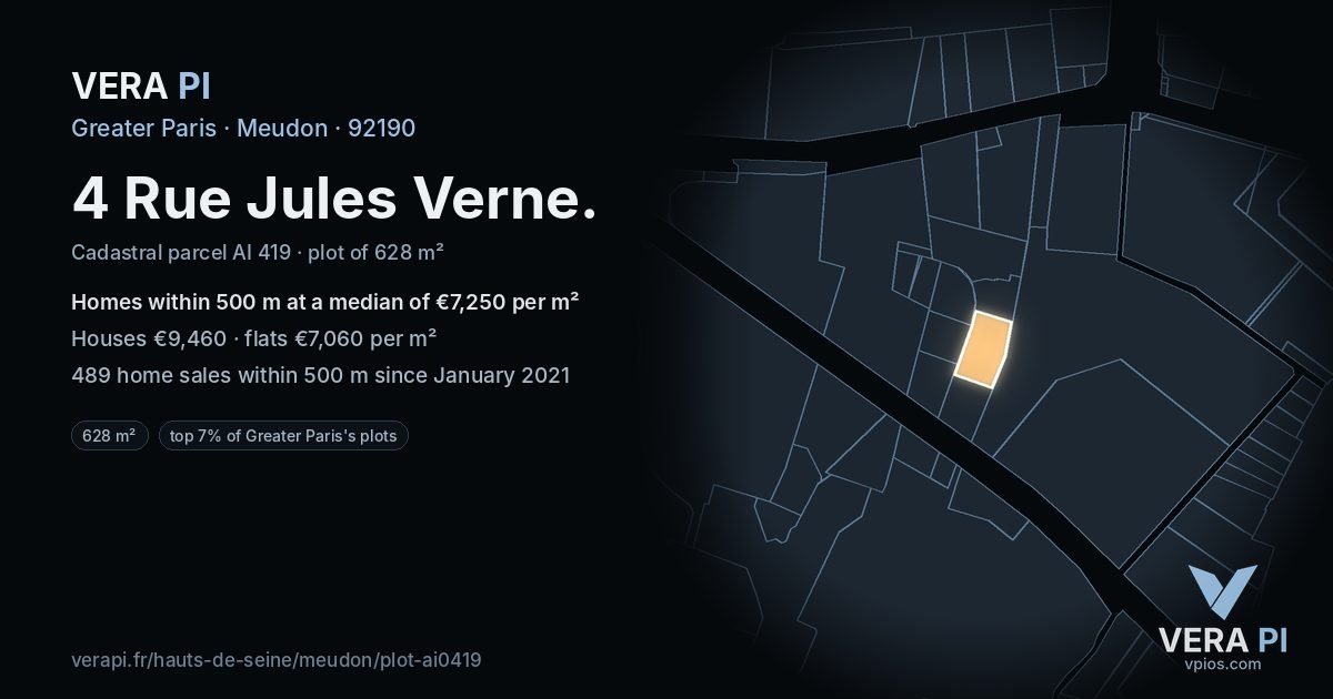 4 Rue Jules Verne, Meudon at night – the plot lit, the parcels around coloured by the prices near them