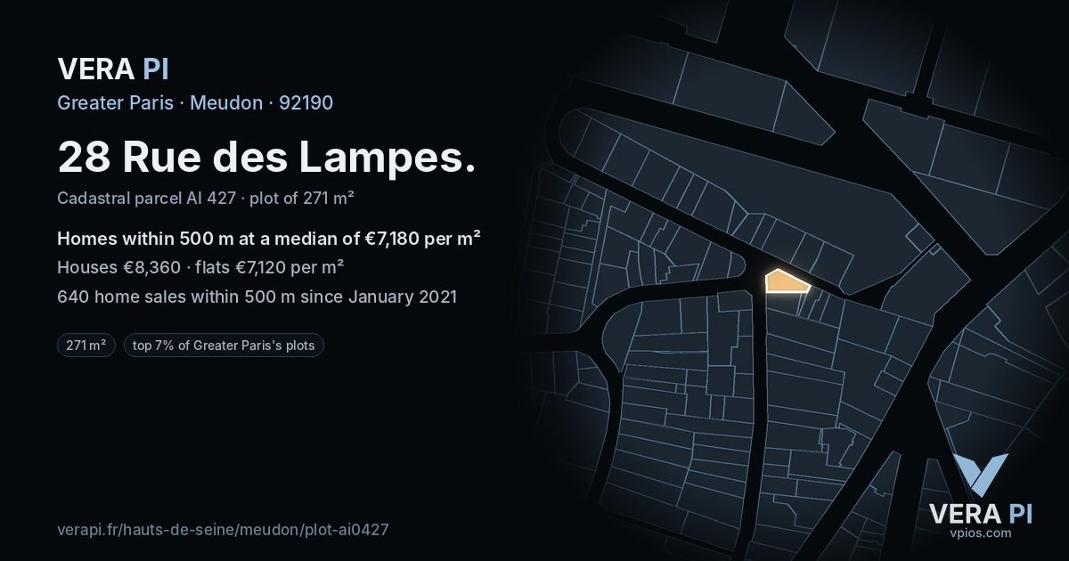 28 Rue des Lampes, Meudon at night – the plot lit, the parcels around coloured by the prices near them
