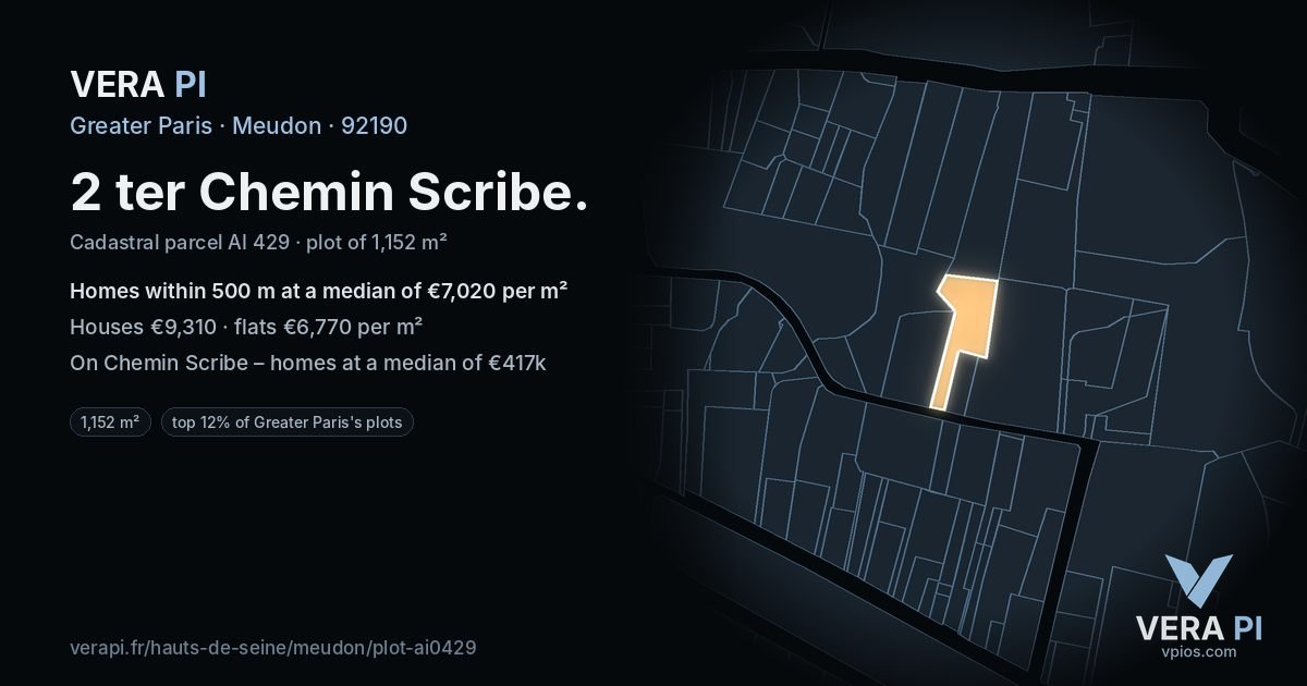 2 ter Chemin Scribe, Meudon at night – the plot lit, the parcels around coloured by the prices near them
