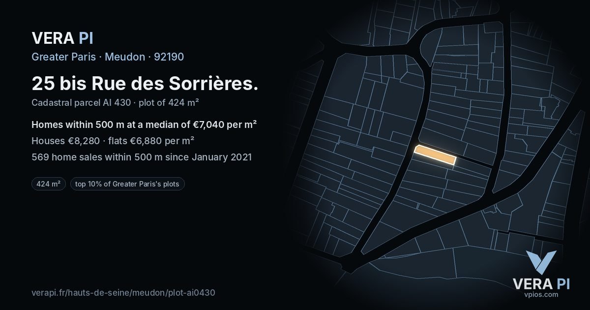 25 bis Rue des Sorrières, Meudon at night – the plot lit, the parcels around coloured by the prices near them