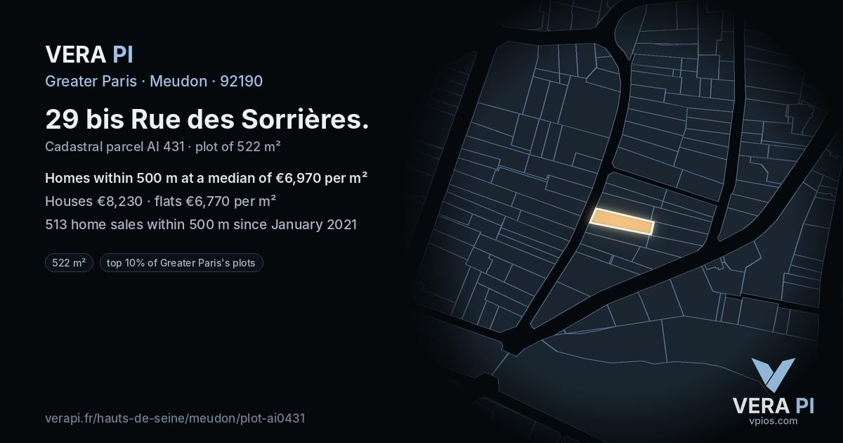 29 bis Rue des Sorrières, Meudon at night – the plot lit, the parcels around coloured by the prices near them