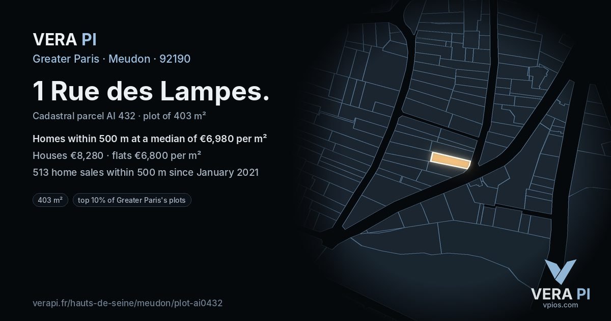 1 Rue des Lampes, Meudon at night – the plot lit, the parcels around coloured by the prices near them