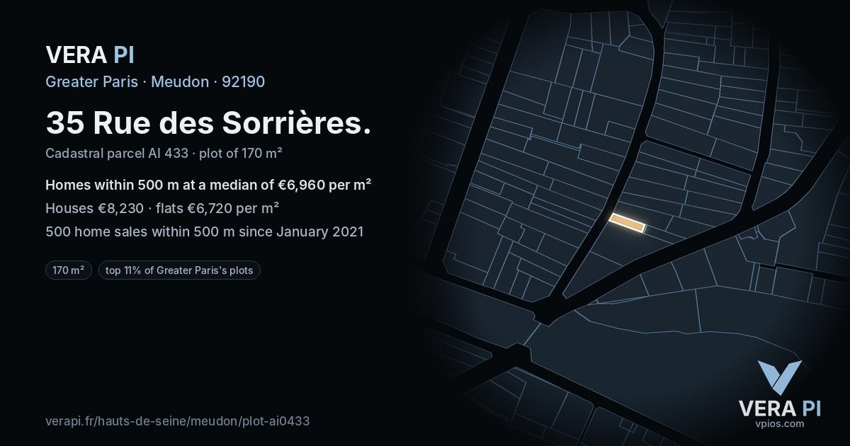 35 Rue des Sorrières, Meudon at night – the plot lit, the parcels around coloured by the prices near them