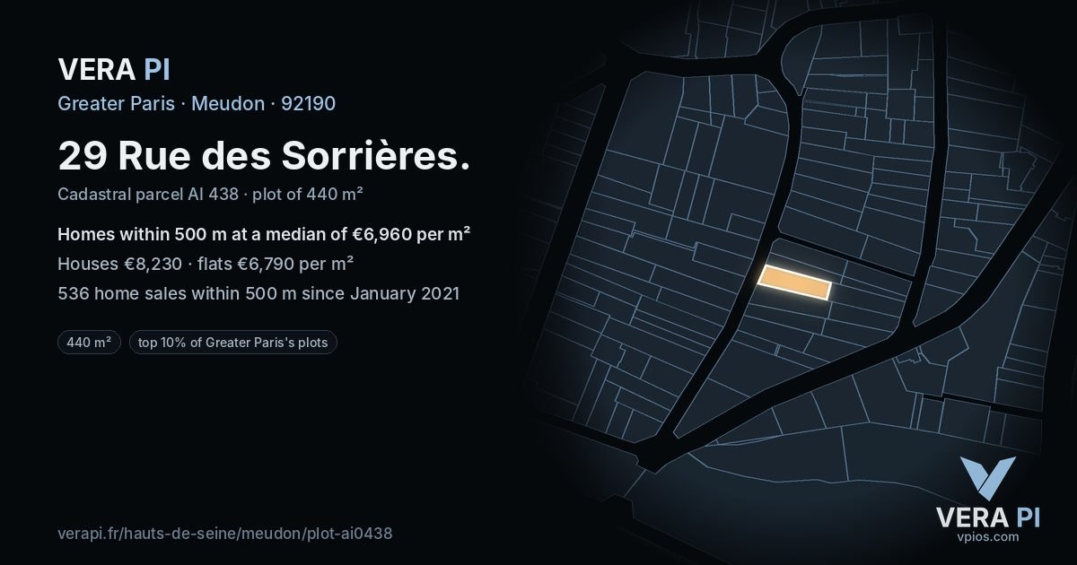 29 Rue des Sorrières, Meudon at night – the plot lit, the parcels around coloured by the prices near them