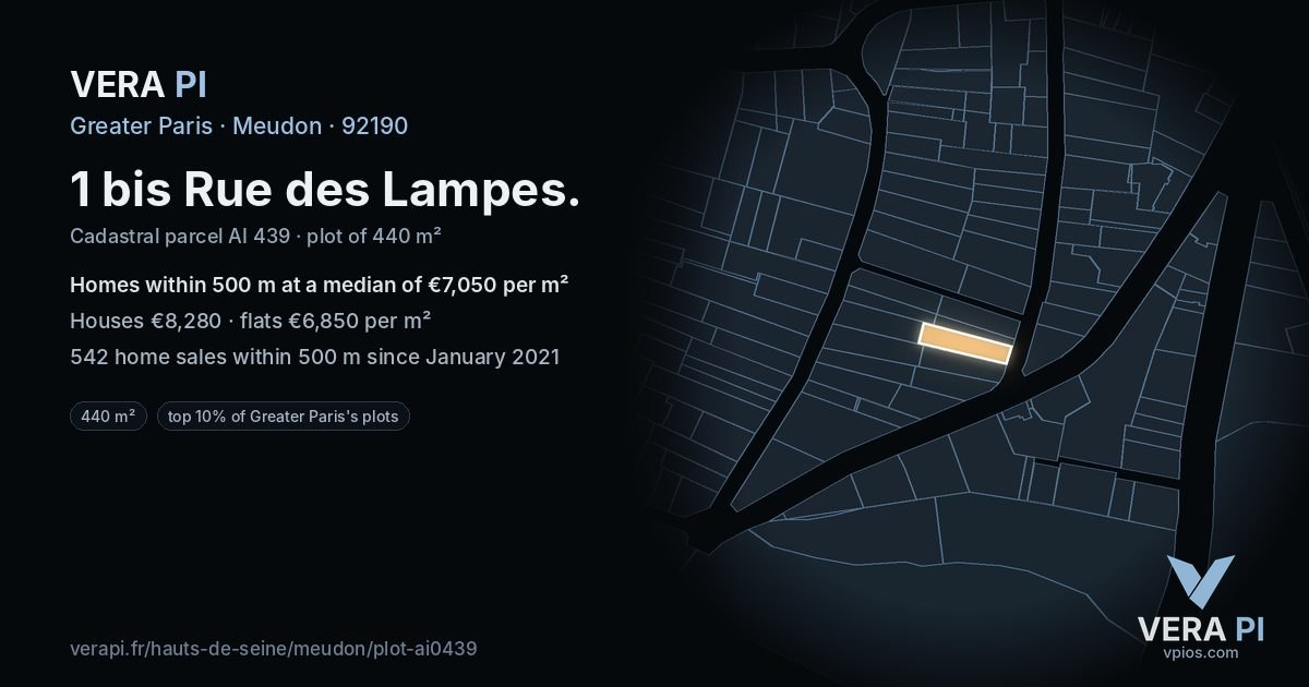 1 bis Rue des Lampes, Meudon at night – the plot lit, the parcels around coloured by the prices near them