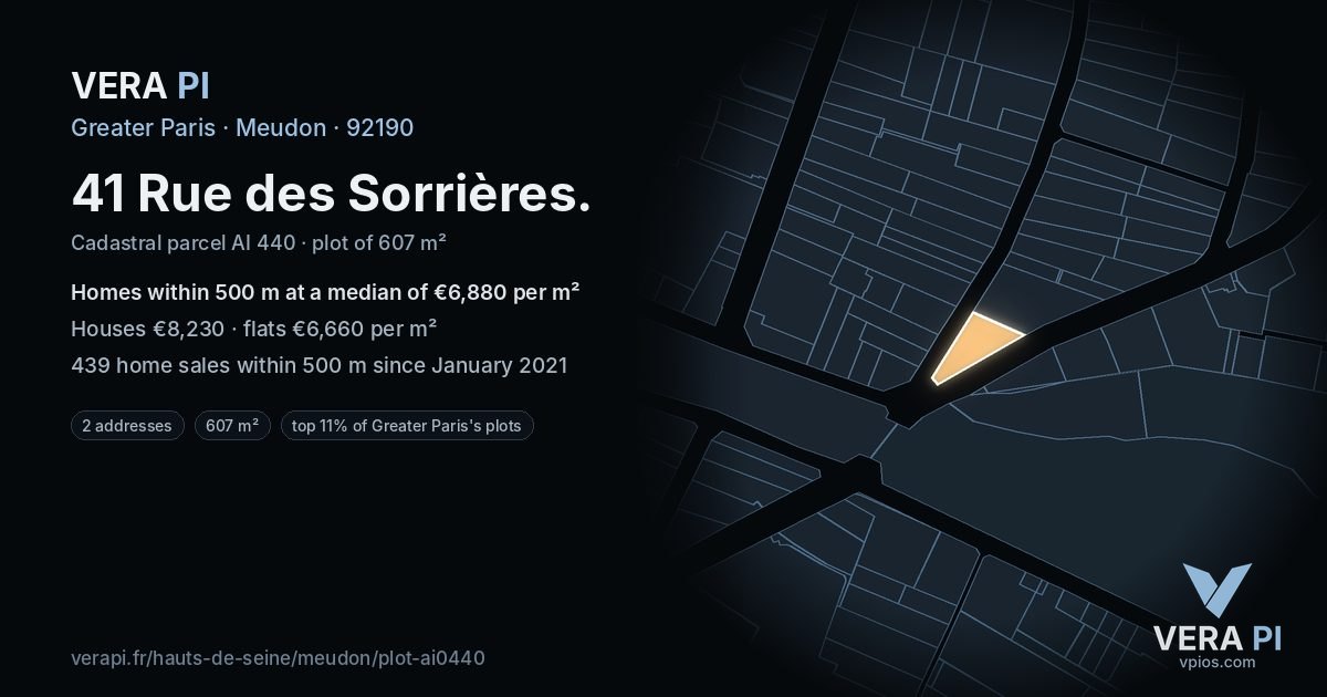 41 Rue des Sorrières, Meudon at night – the plot lit, the parcels around coloured by the prices near them