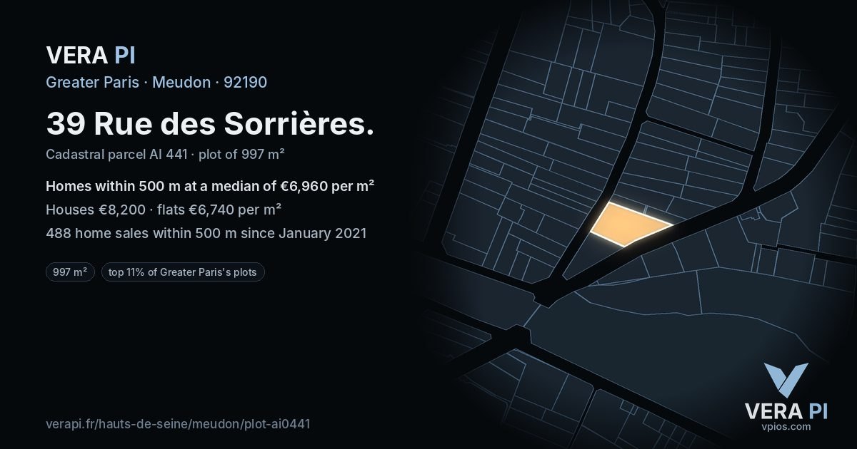 39 Rue des Sorrières, Meudon at night – the plot lit, the parcels around coloured by the prices near them