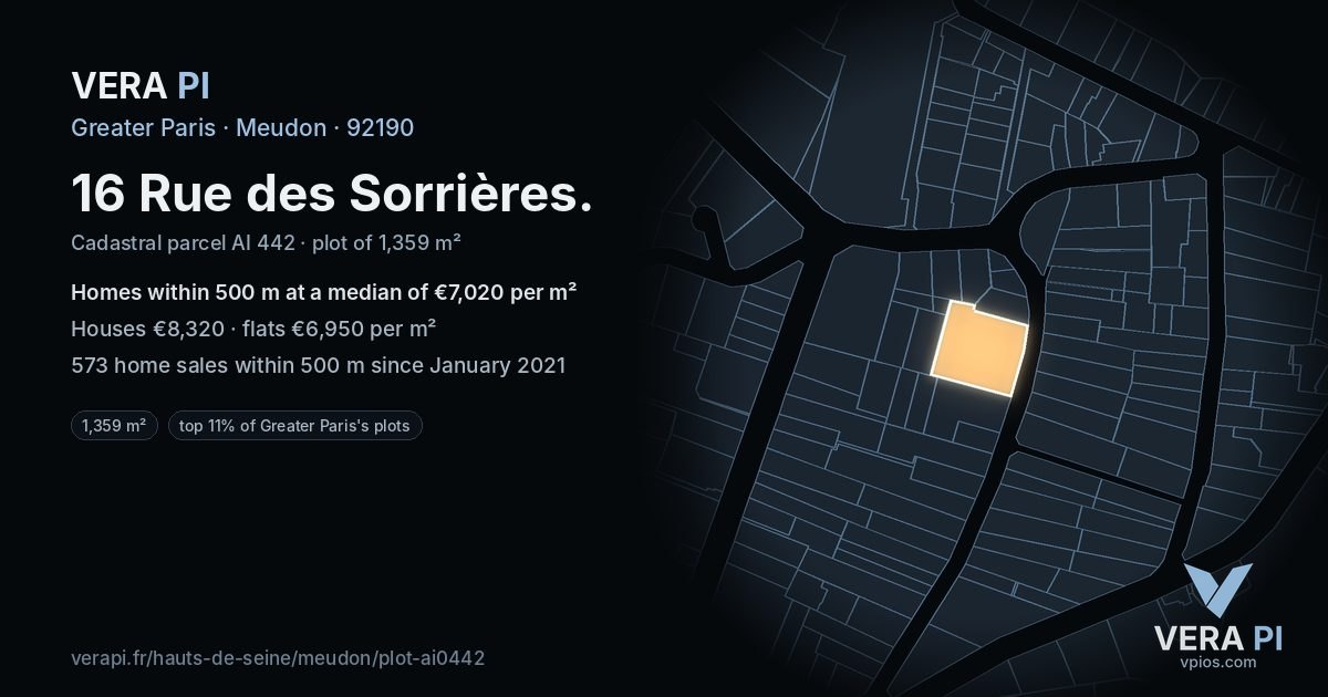 16 Rue des Sorrières, Meudon at night – the plot lit, the parcels around coloured by the prices near them